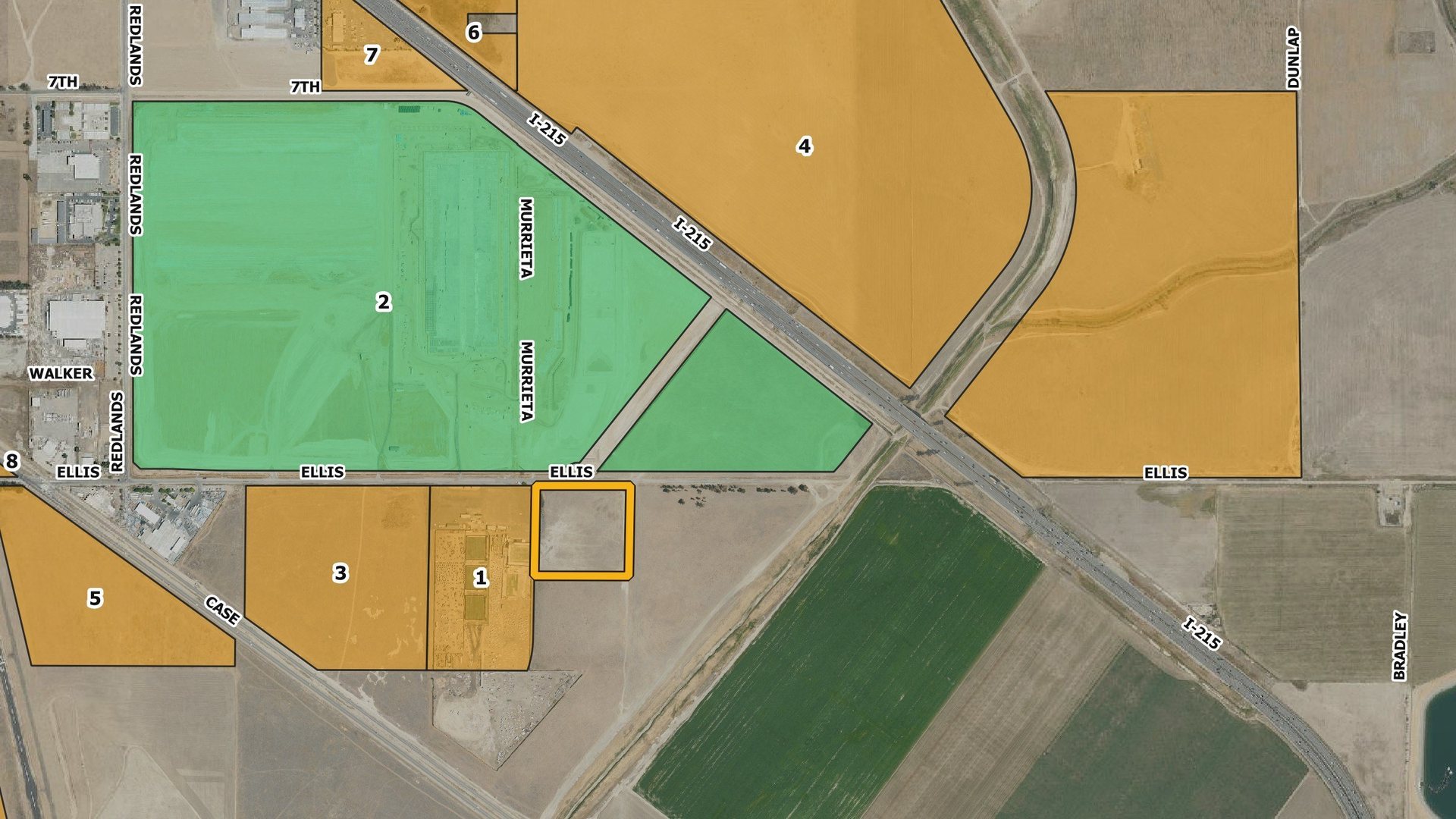 Aerial context map with City-mapped development sites numbered 1 to 8 around the subject parcel