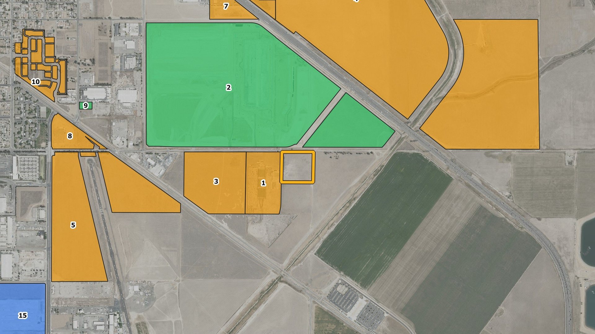 Map of City-mapped development sites within about 1.6 miles of the subject, color-coded by status